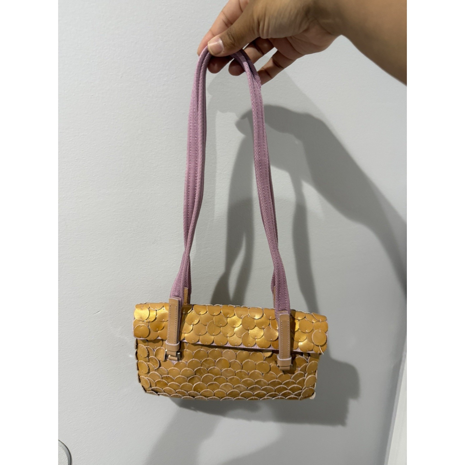Vtg Y2k Prada Gold Patent Paillet Leather Shoulder Bag Pink Handles 9.5x5.5" L